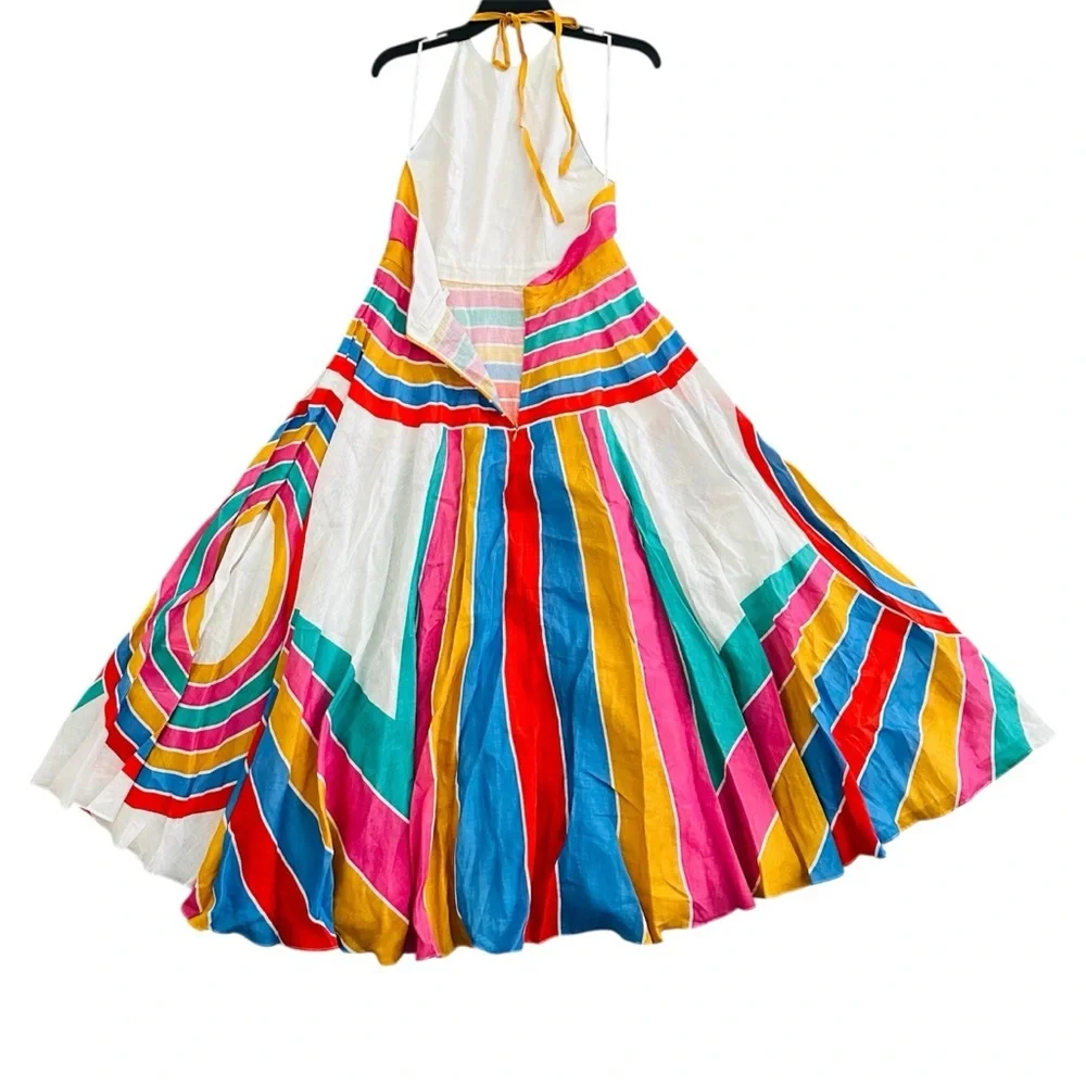 Zimmermann Fiesta Rainbow Striped Linen Halter Neck Midi Dress size 2 | US 10 - Picture 13 of 16
